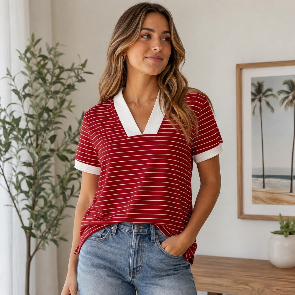 Vintage Evan-Picone Womens Red White Striped Short Sleeve V-Neck Knit Top Small
